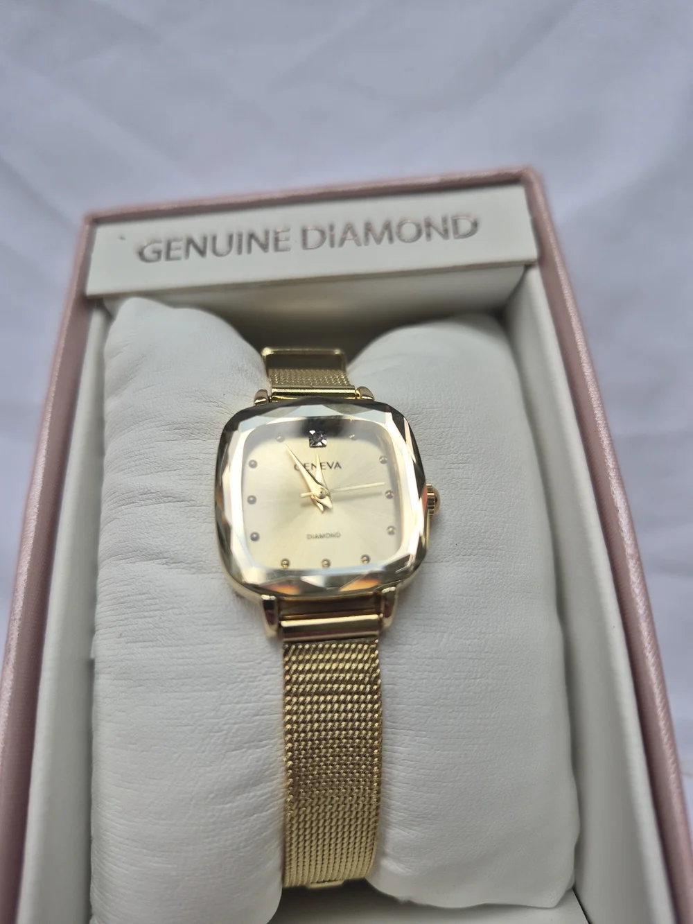 Geneva Gold Mesh Strap Watch with Pink Dial